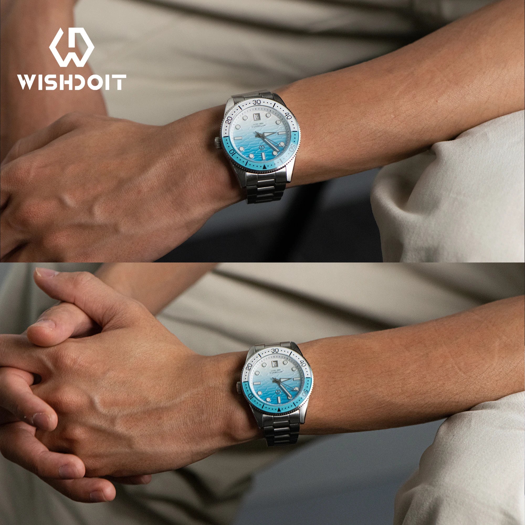 Men's Automatic Dive Watch With Ocean Blue White Ripple Movement