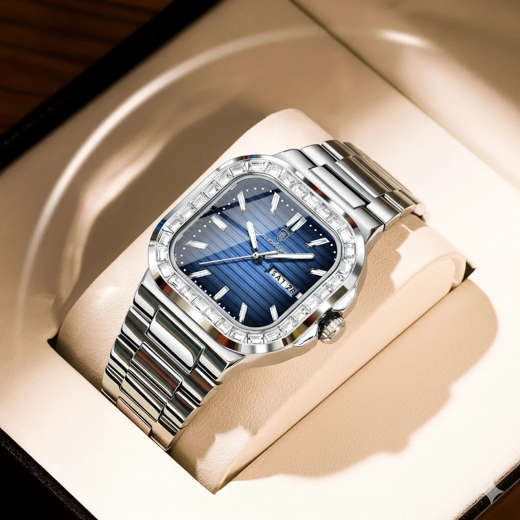 Men's Square Stainless Steel Watch – Waterproof with Day & Date Display