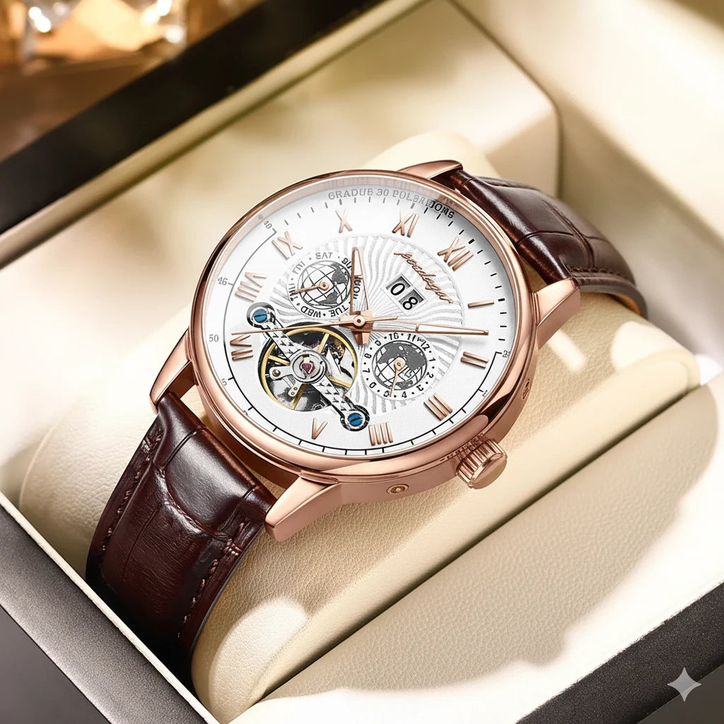 Luxury Tourbillon Style Skeleton Watch - Men's Leather Mechanical