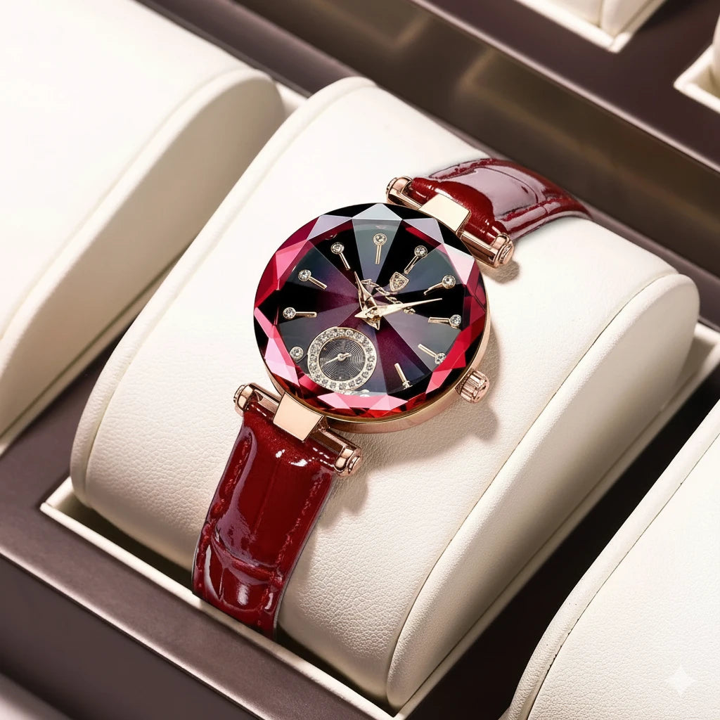 Women's Luxury Leather Quartz Watch – Waterproof with Diamond Dial