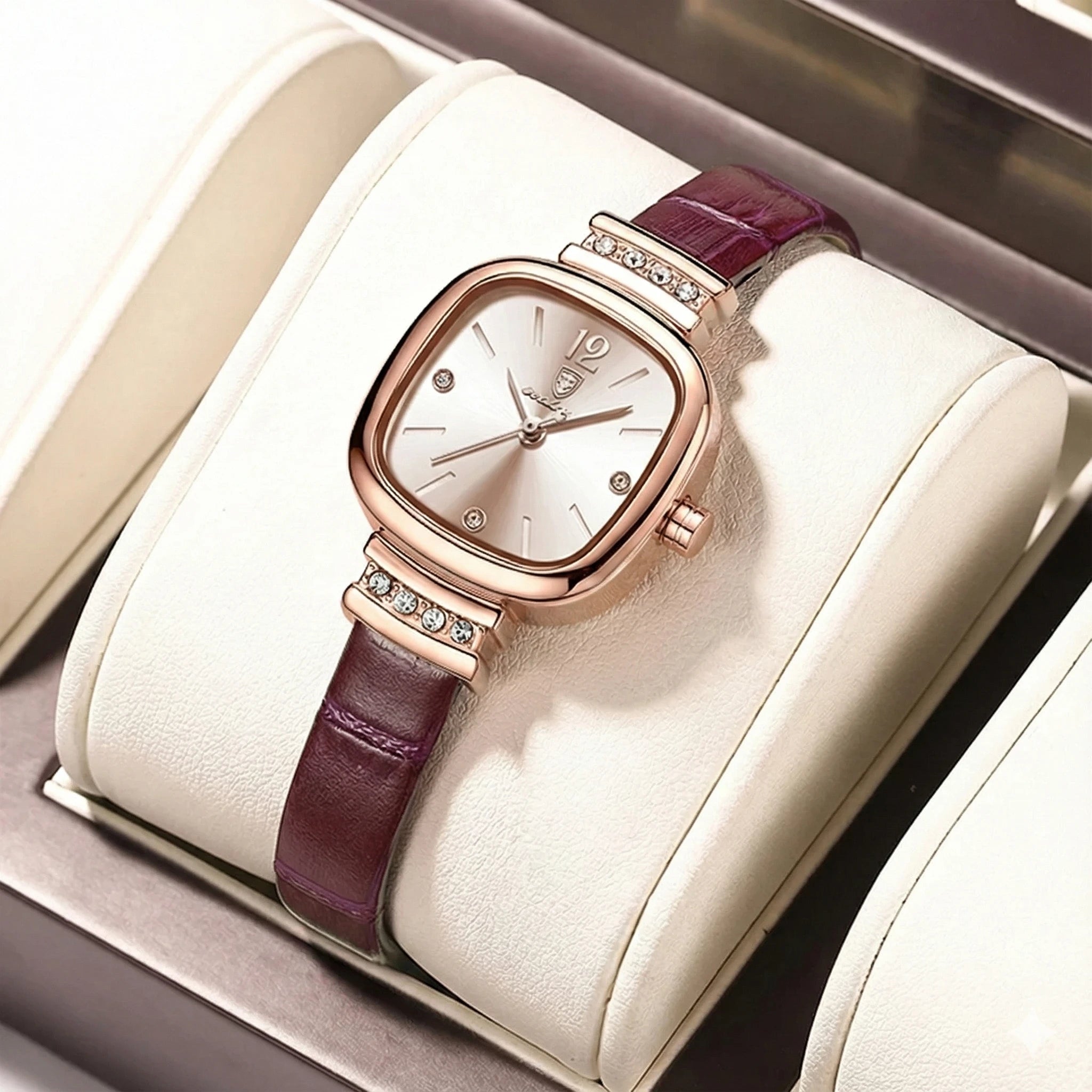 Women's Square Dress Watch with Diamond Dial & Leather Strap