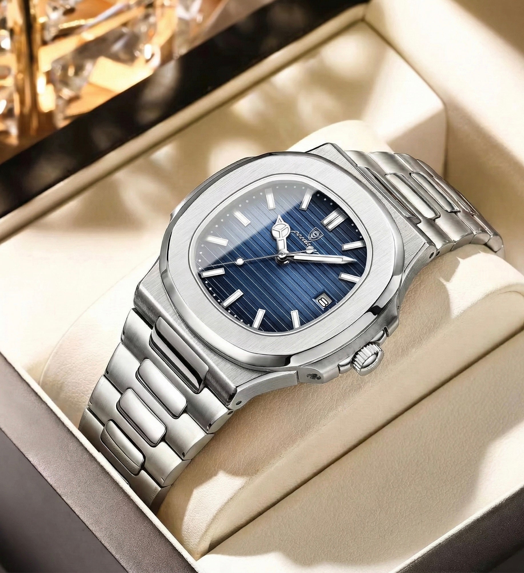 Men's Square Quartz Watch - Silver Ice Blue Edition