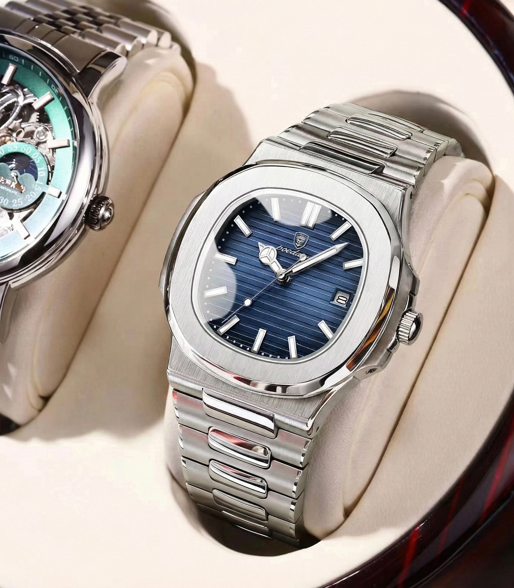 Men's Square Quartz Watch - Silver Ice Blue Edition