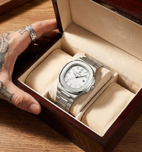 Men's Square Quartz Watch - Silver Ice Blue Edition