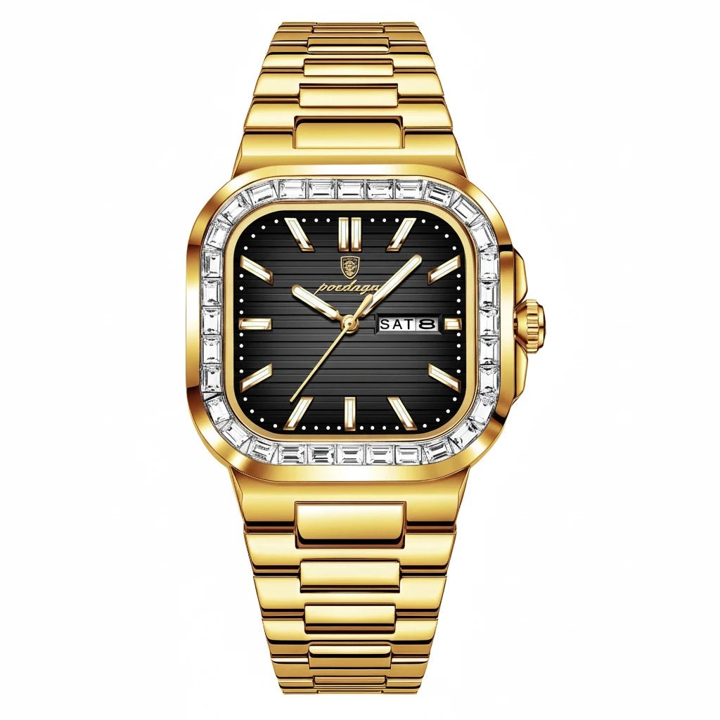 Men's Square Stainless Steel Watch – Waterproof with Day & Date Display