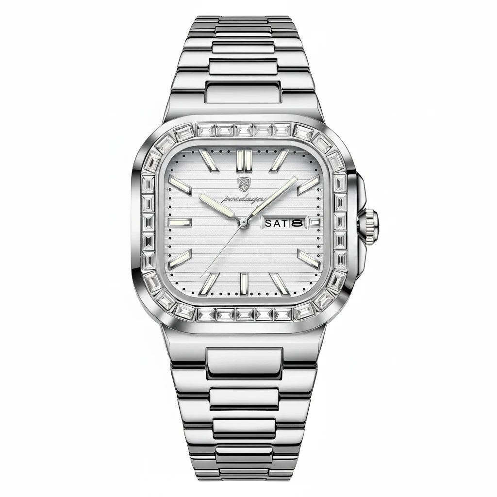Men's Square Stainless Steel Watch – Waterproof with Day & Date Display