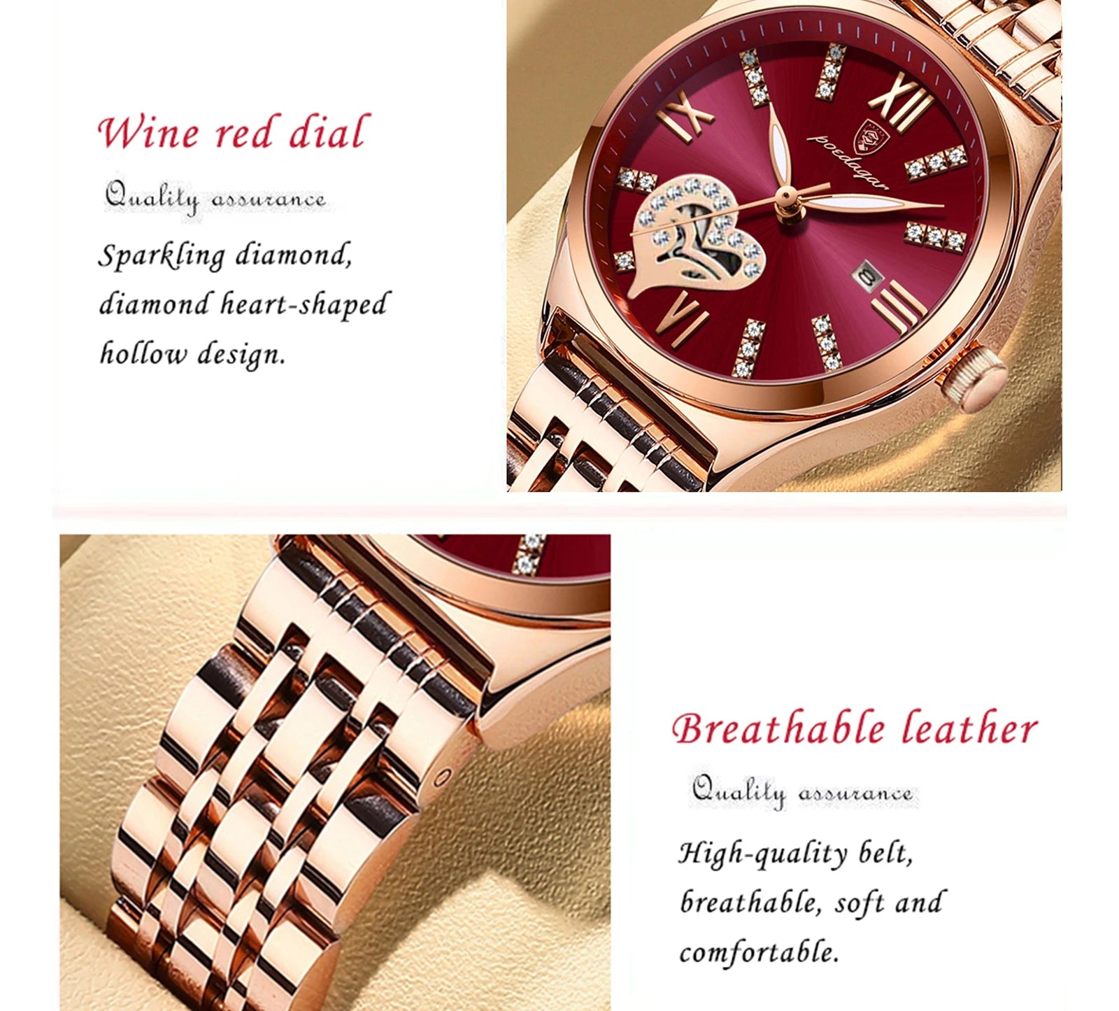 Elegant Rose Gold Ladies Watch - Heart Patterned Quartz Dial