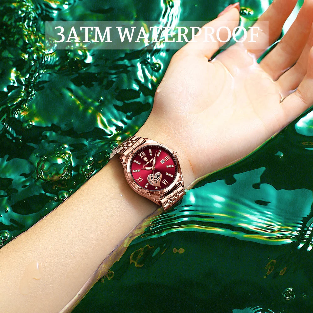 Elegant Rose Gold Ladies Watch - Heart Patterned Quartz Dial