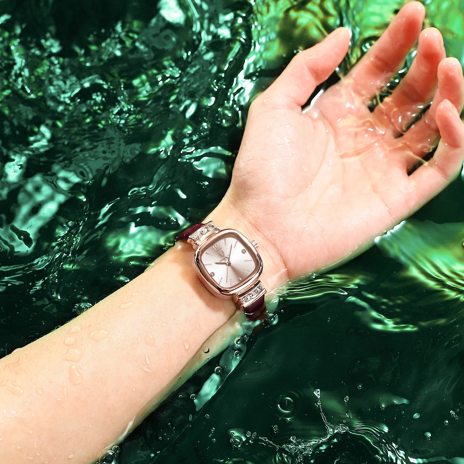 Women's Square Dress Watch with Diamond Dial & Leather Strap