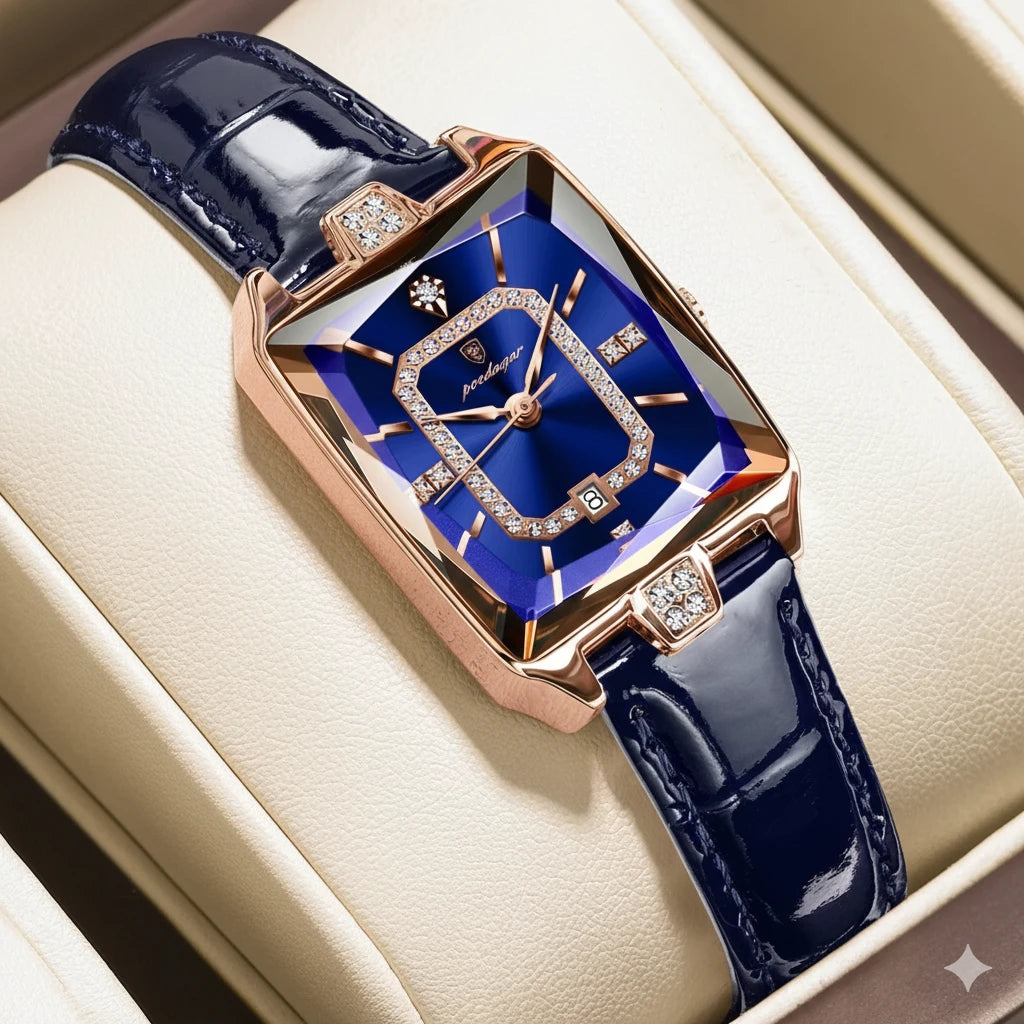 Elegant Ladies Rectangular Wristwatch | Leather Strap & Calendar
