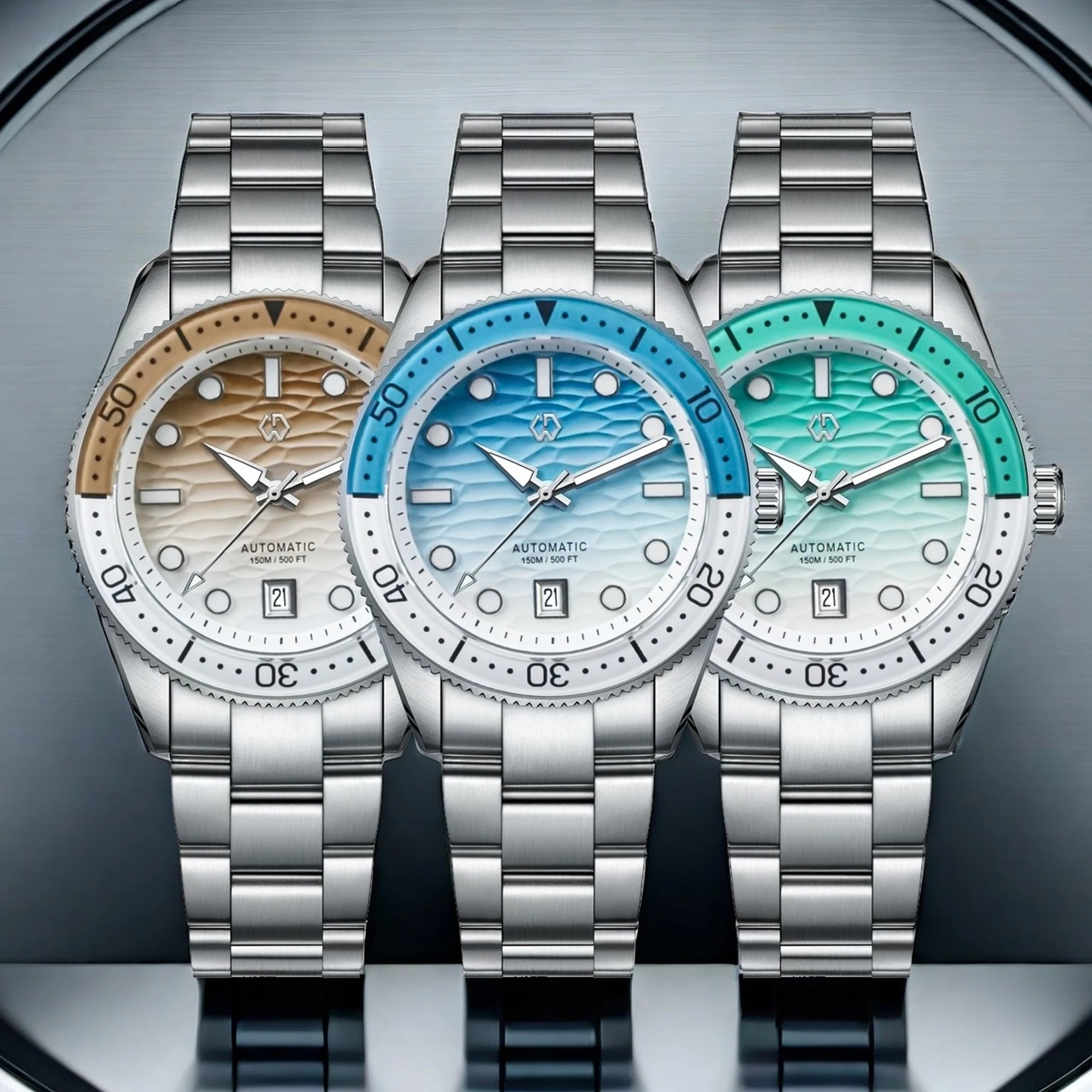 Men's Automatic Dive Watch With Ocean Blue White Ripple Movement