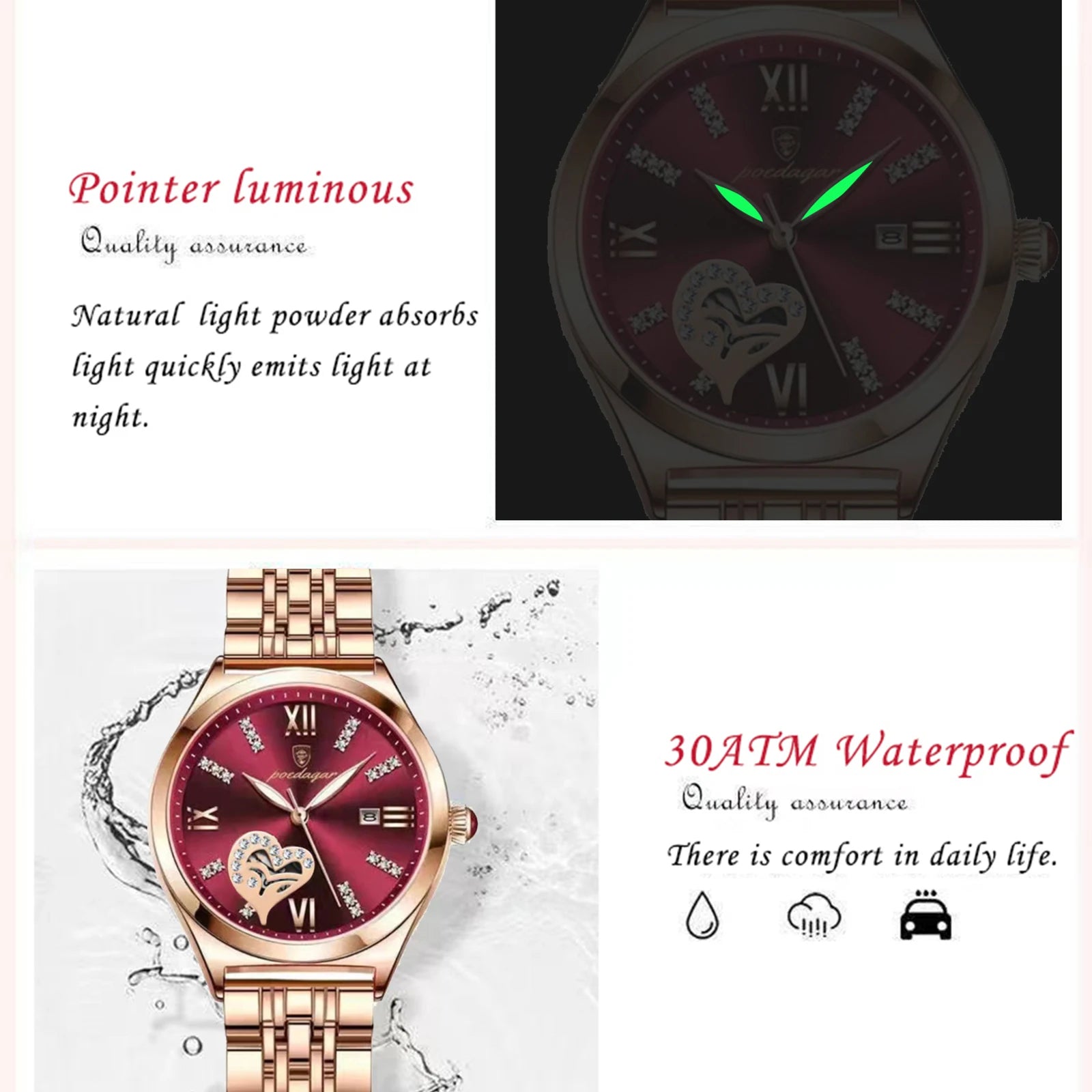 Elegant Rose Gold Ladies Watch - Heart Patterned Quartz Dial