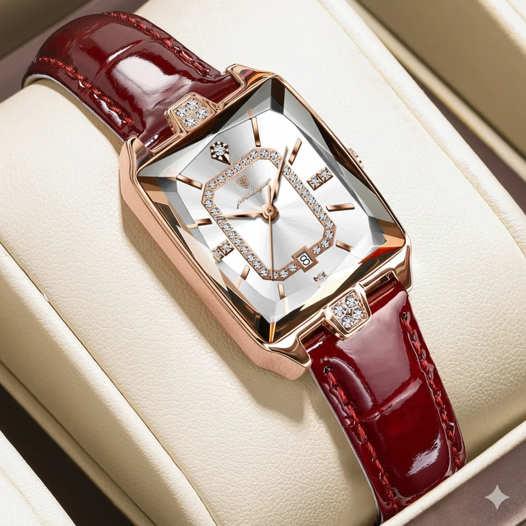 Elegant Ladies Rectangular Wristwatch | Leather Strap & Calendar