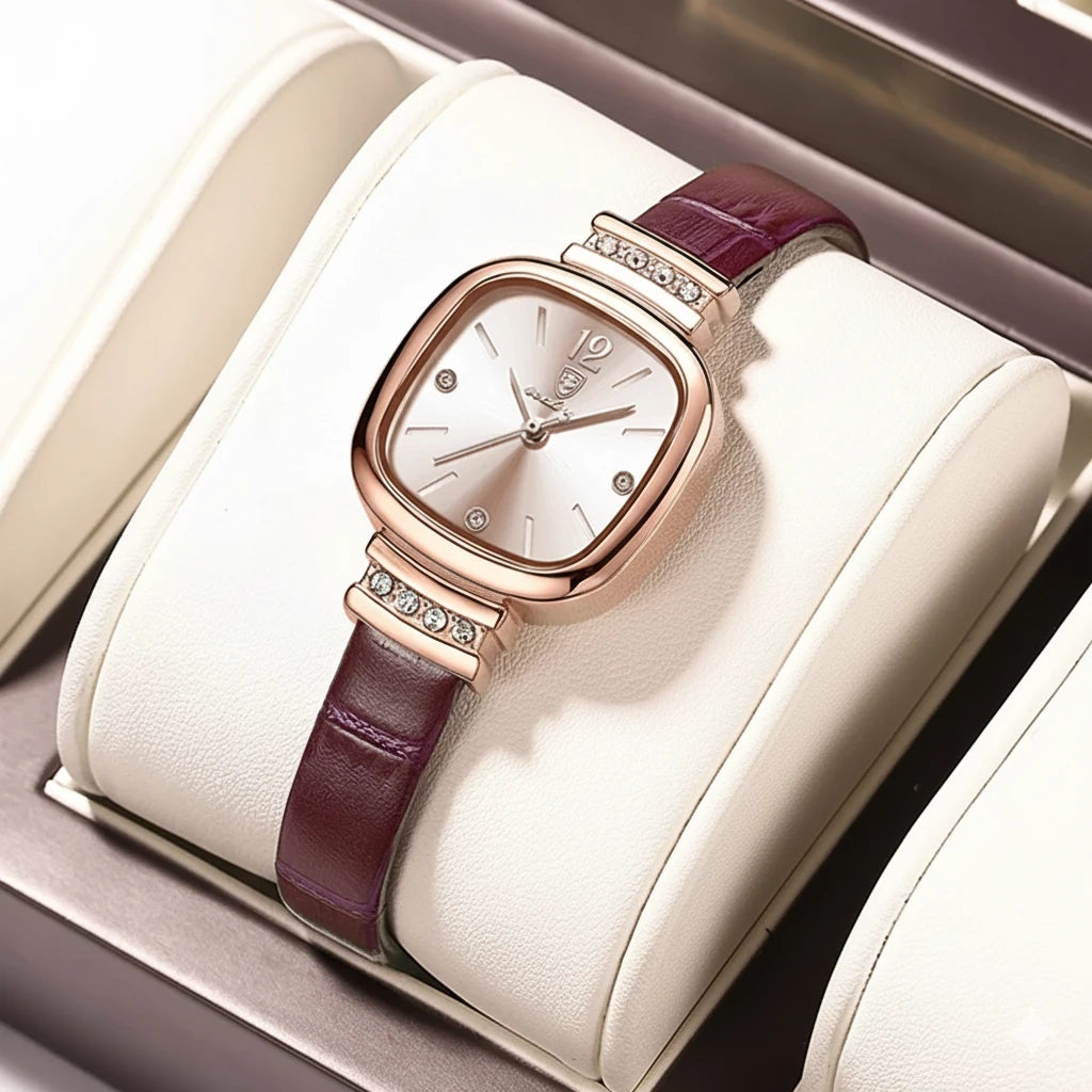 Women's Square Dress Watch with Diamond Dial & Leather Strap