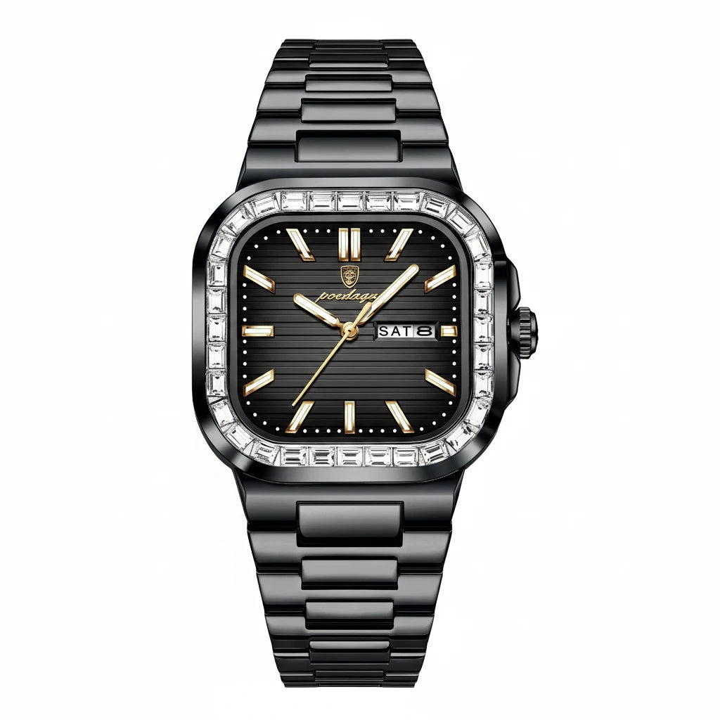 Men's Square Stainless Steel Watch – Waterproof with Day & Date Display
