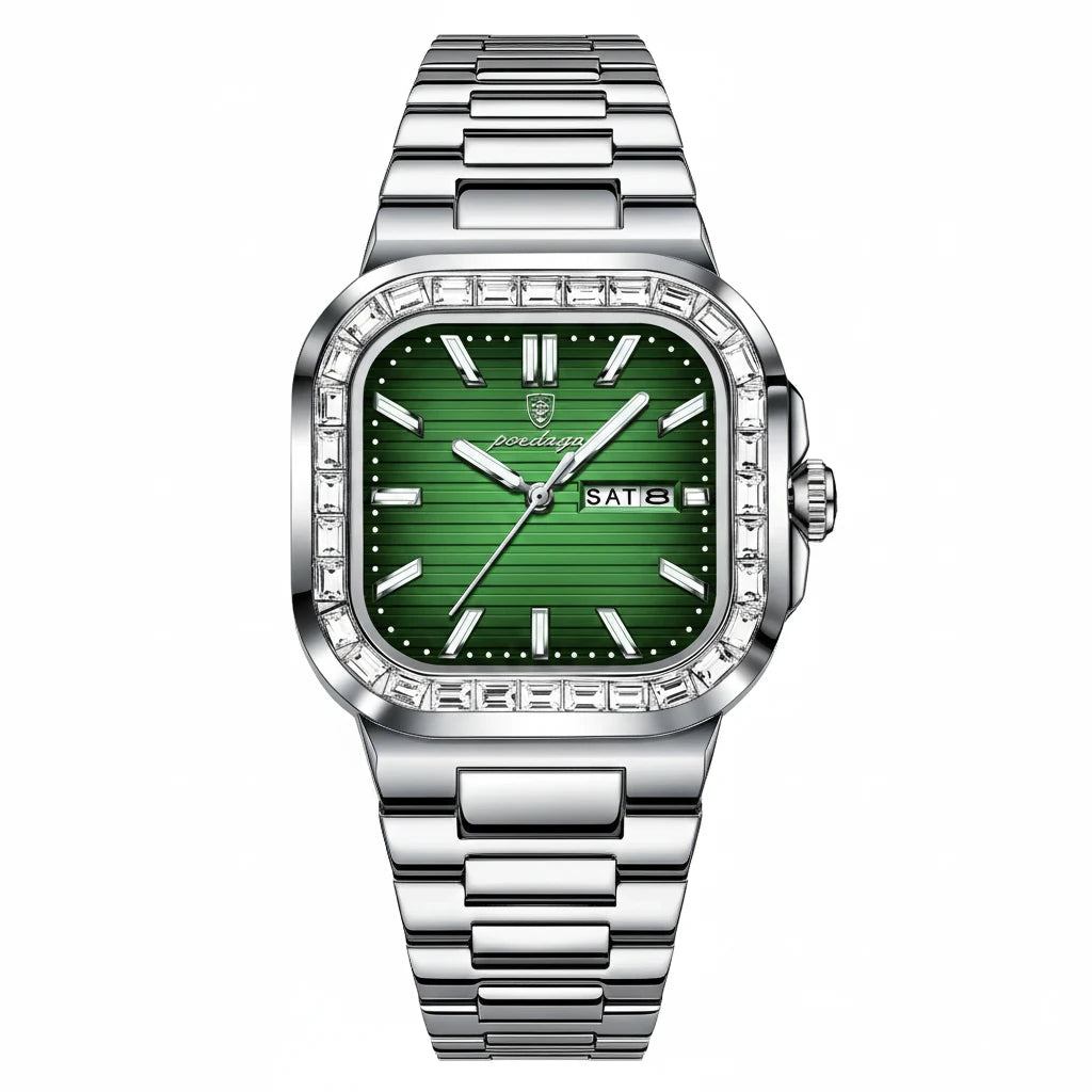 Men's Square Stainless Steel Watch – Waterproof with Day & Date Display