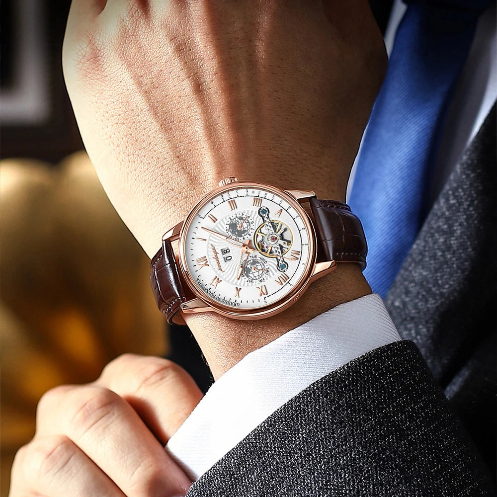 Luxury Tourbillon Style Skeleton Watch - Men's Leather Mechanical