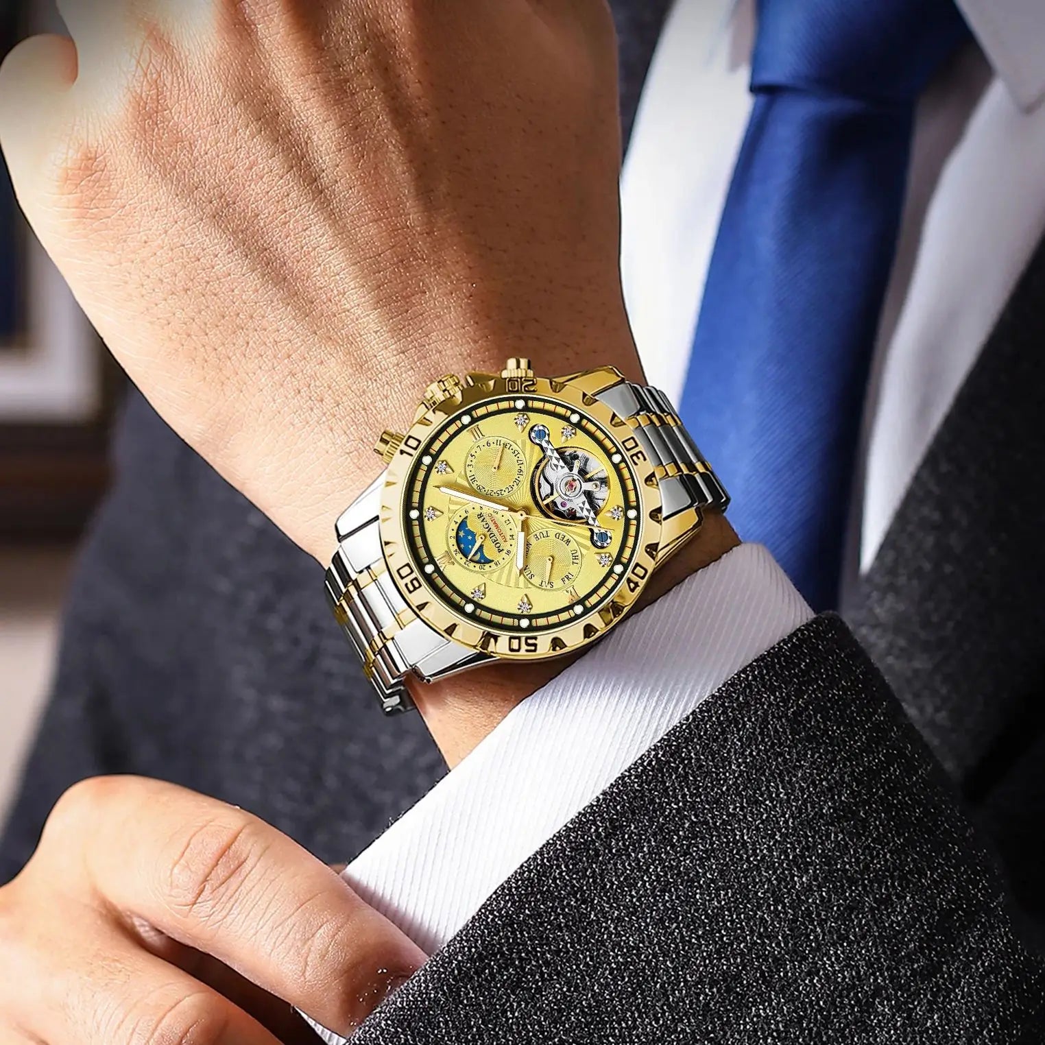 Luxury Men's Tourbillon Style Automatic Watch | Day & Date Display