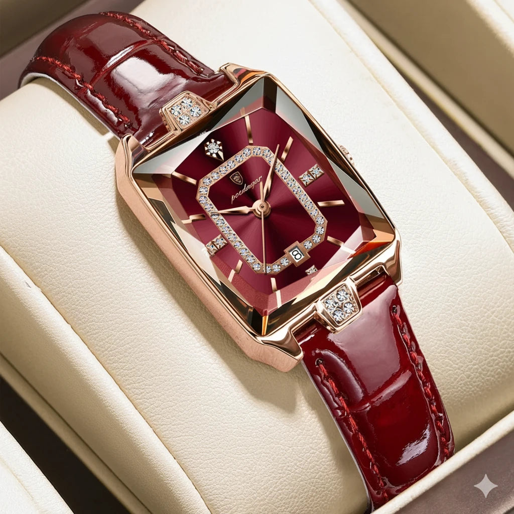 Elegant Ladies Rectangular Wristwatch | Leather Strap & Calendar