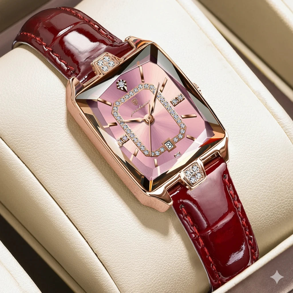 Elegant Ladies Rectangular Wristwatch | Leather Strap & Calendar
