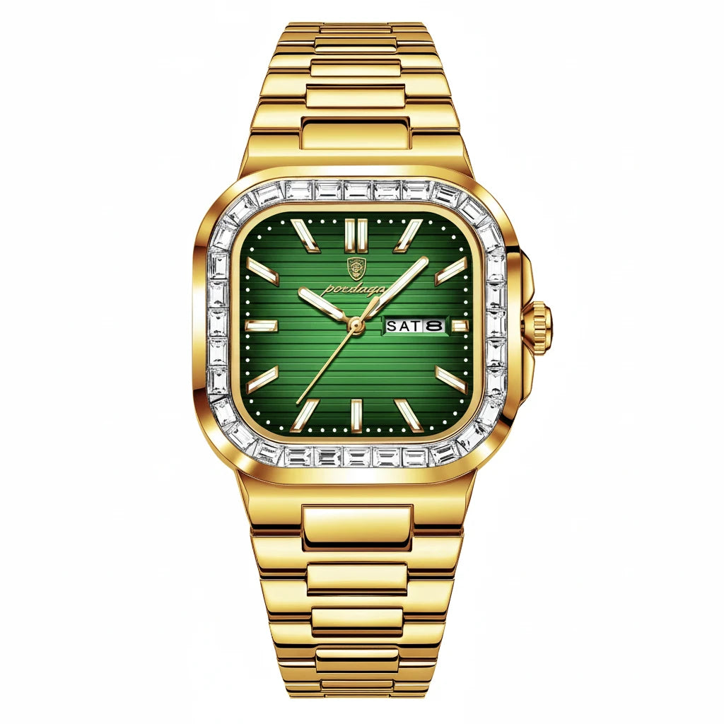 Men's Square Stainless Steel Watch – Waterproof with Day & Date Display