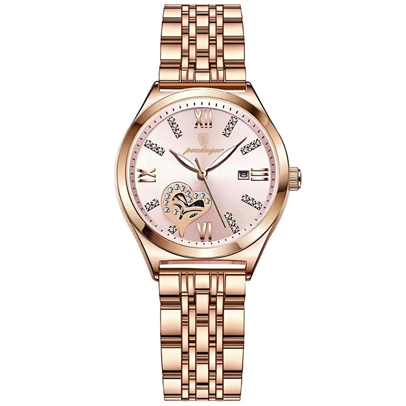 Elegant Rose Gold Ladies Watch - Heart Patterned Quartz Dial