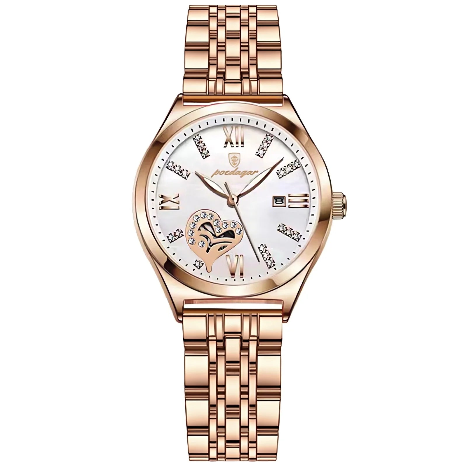 Elegant Rose Gold Ladies Watch - Heart Patterned Quartz Dial