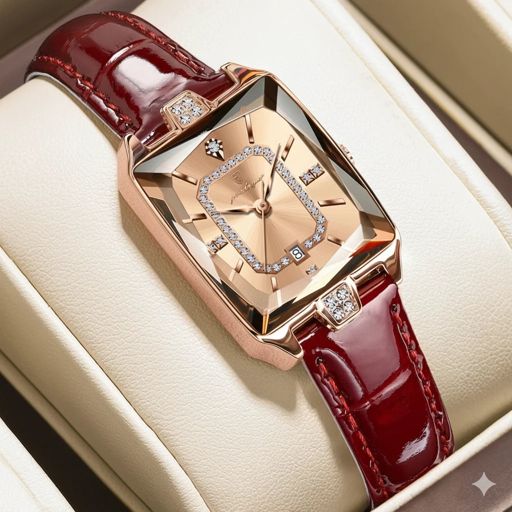 Elegant Ladies Rectangular Wristwatch | Leather Strap & Calendar