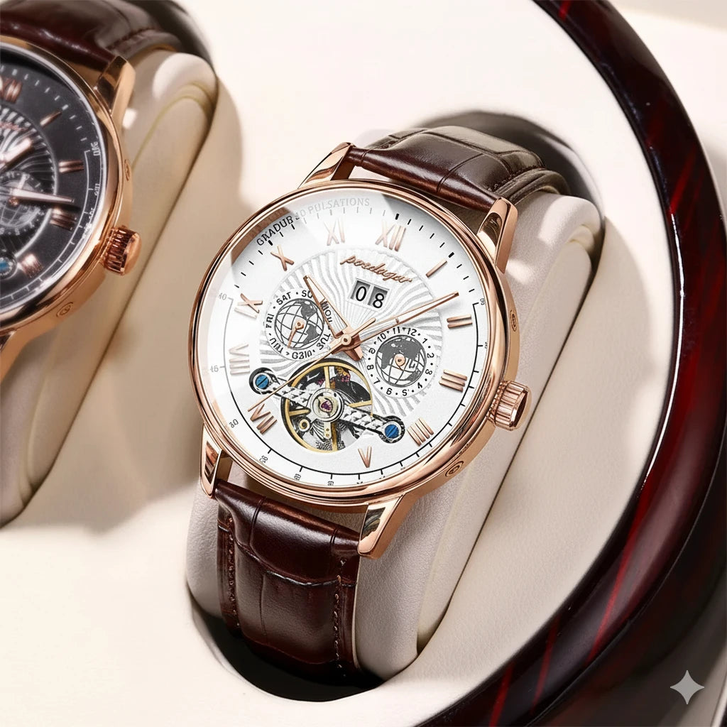 Luxury Tourbillon Style Skeleton Watch - Men's Leather Mechanical