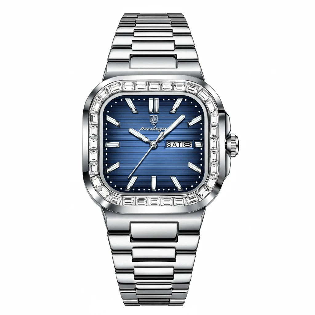 Men's Square Stainless Steel Watch – Waterproof with Day & Date Display