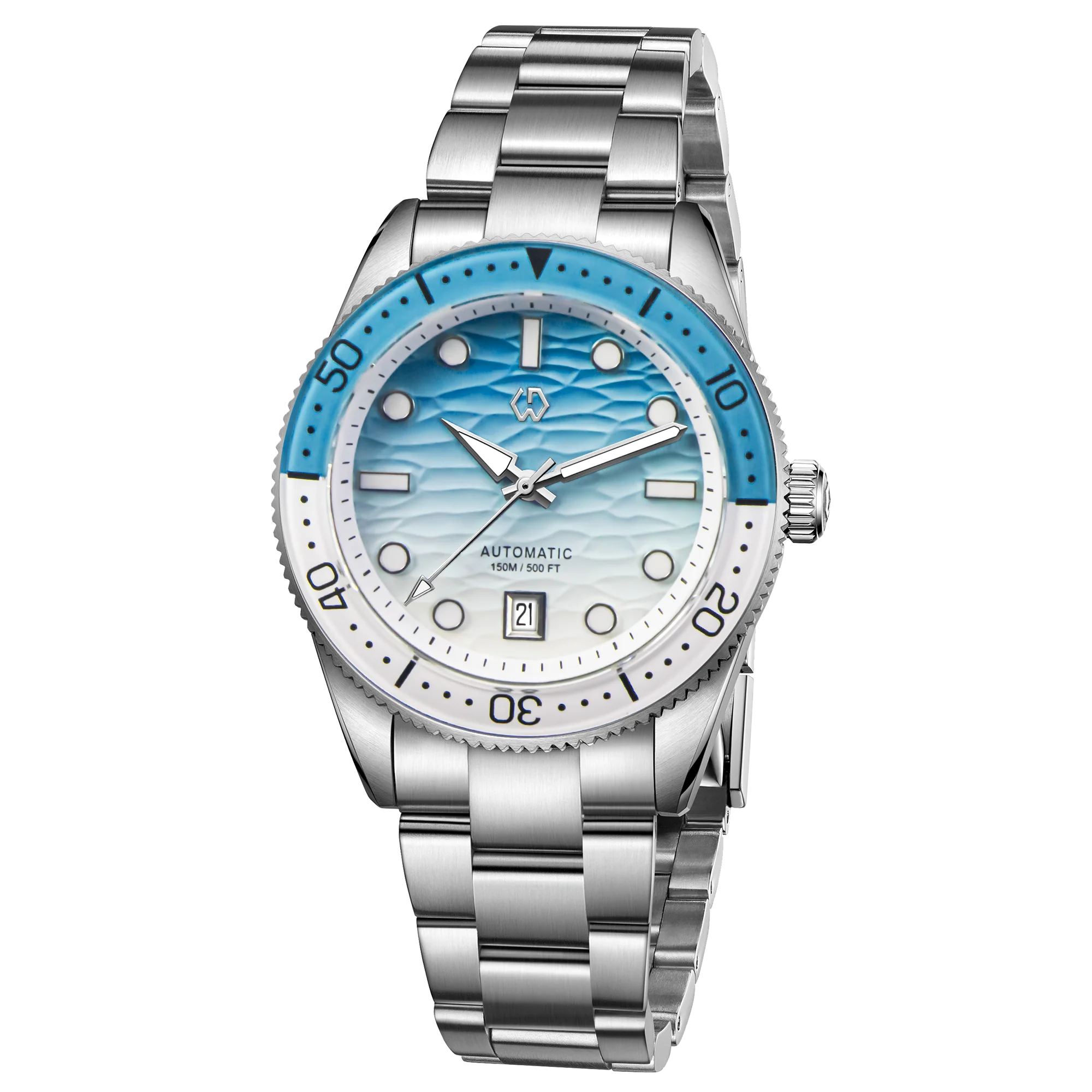Men's Automatic Dive Watch With Ocean Blue White Ripple Movement
