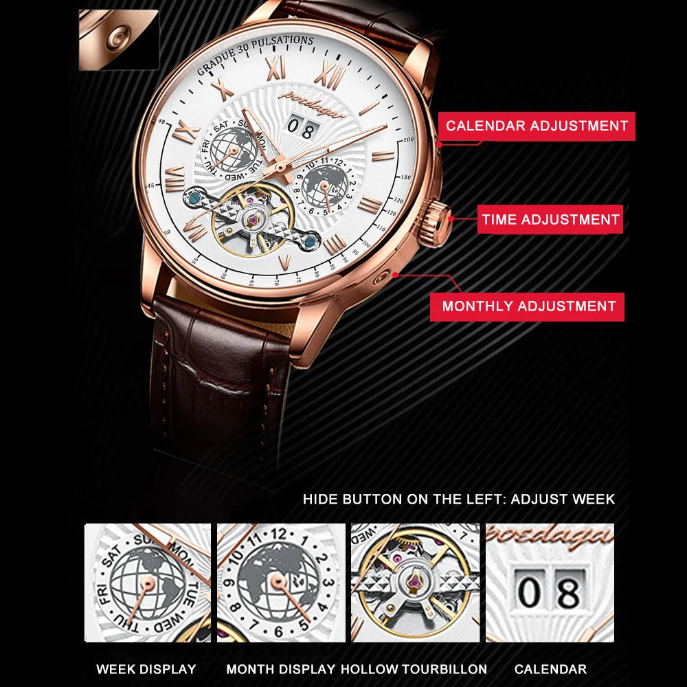 Luxury Tourbillon Style Skeleton Watch - Men's Leather Mechanical