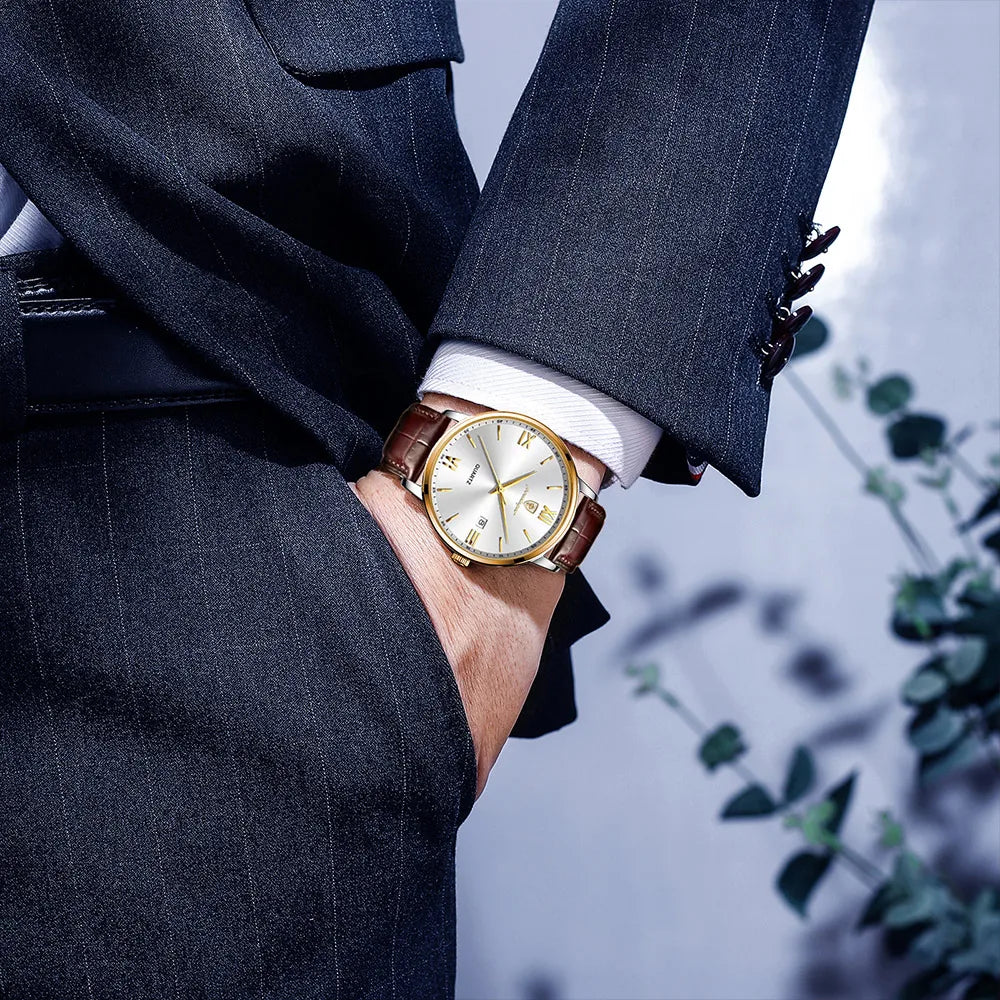 Two-Tone Men's Business Watch | Leather Strap & Roman Numerals