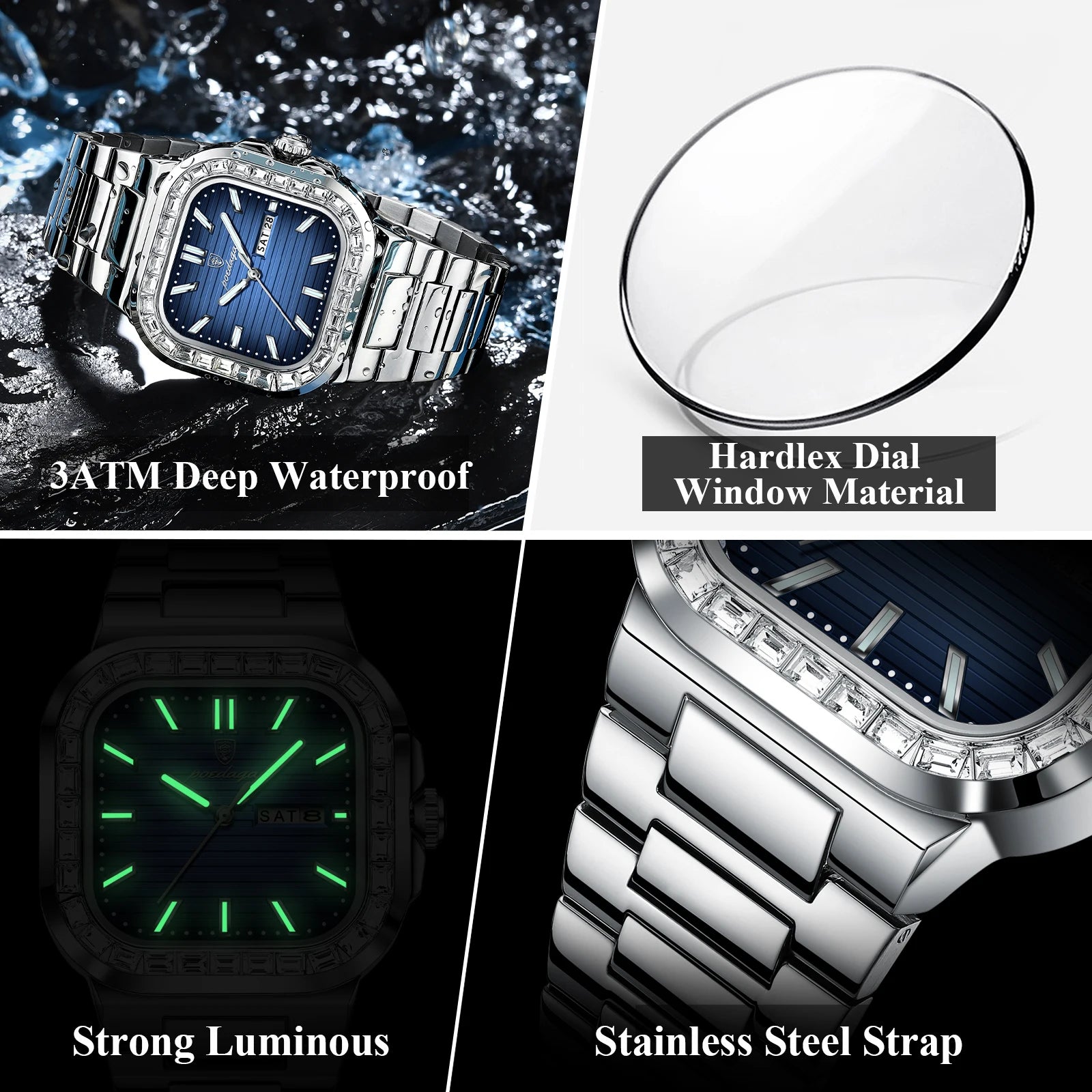 Men's Square Stainless Steel Watch – Waterproof with Day & Date Display