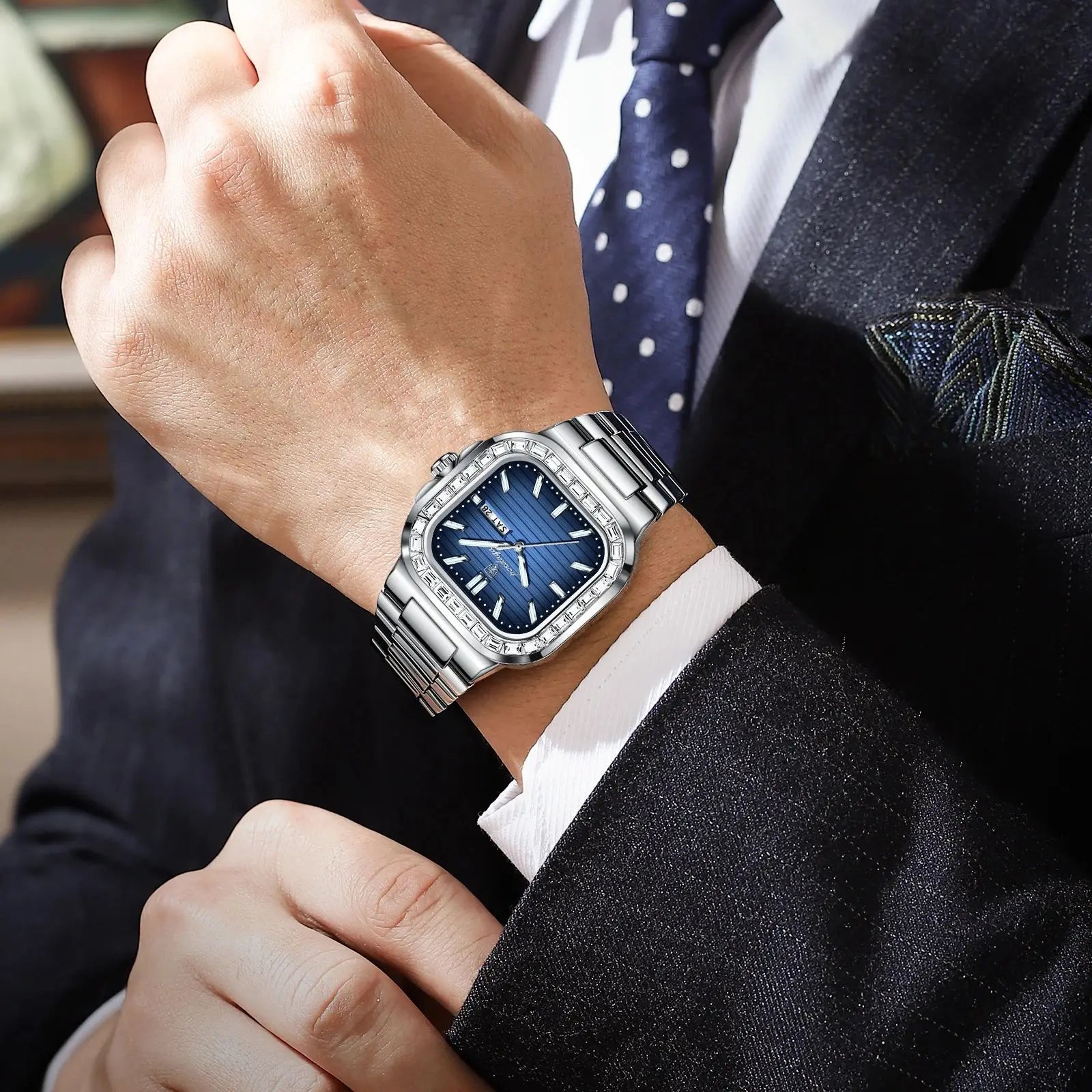 Men's Square Stainless Steel Watch – Waterproof with Day & Date Display