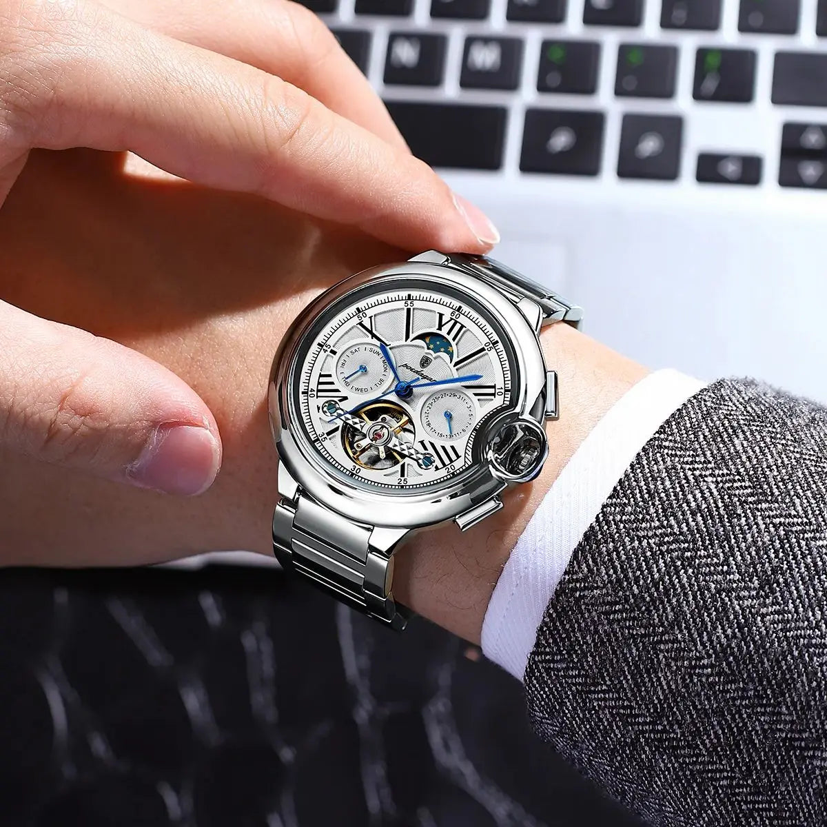 Men's Luxury Skeleton Automatic Watch | Moon Phase Mechanical