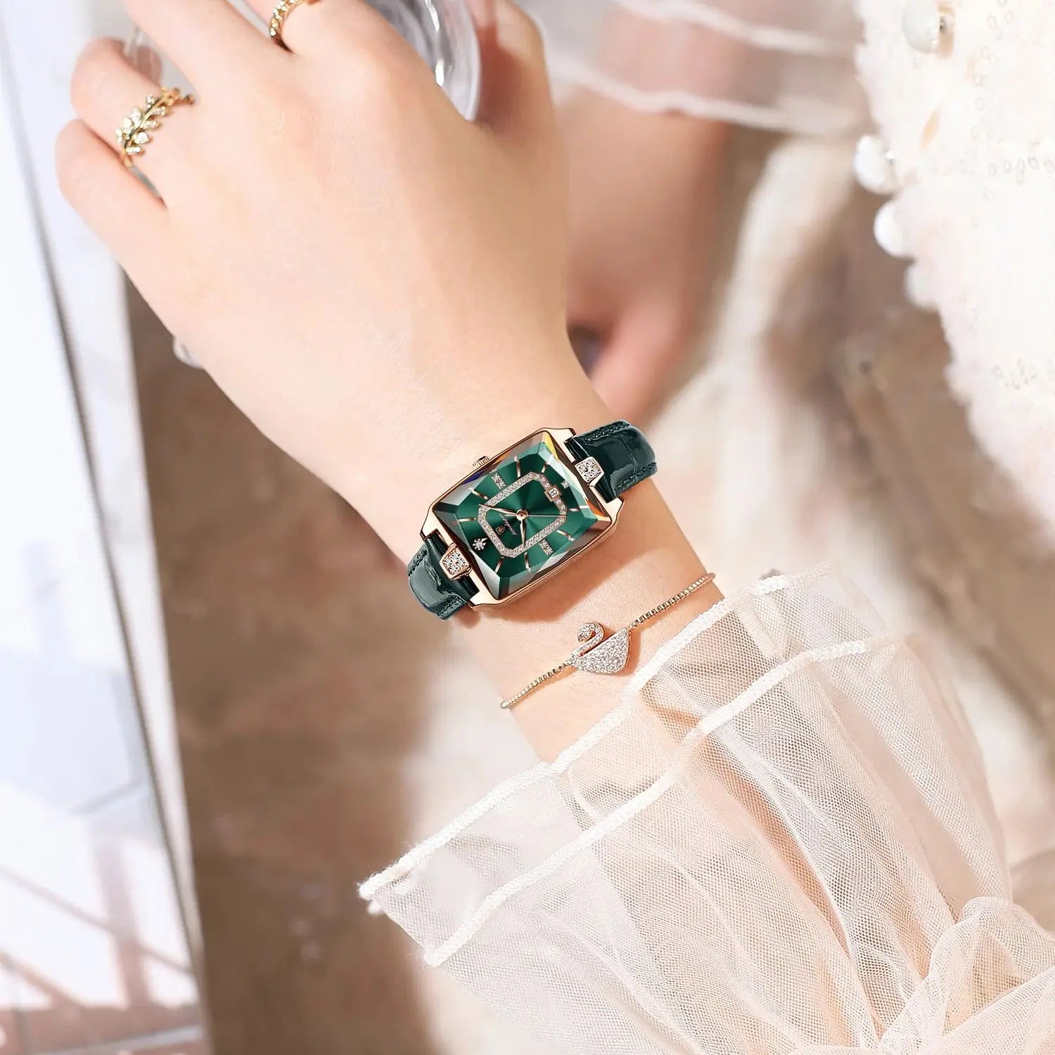 Elegant Ladies Rectangular Wristwatch | Leather Strap & Calendar