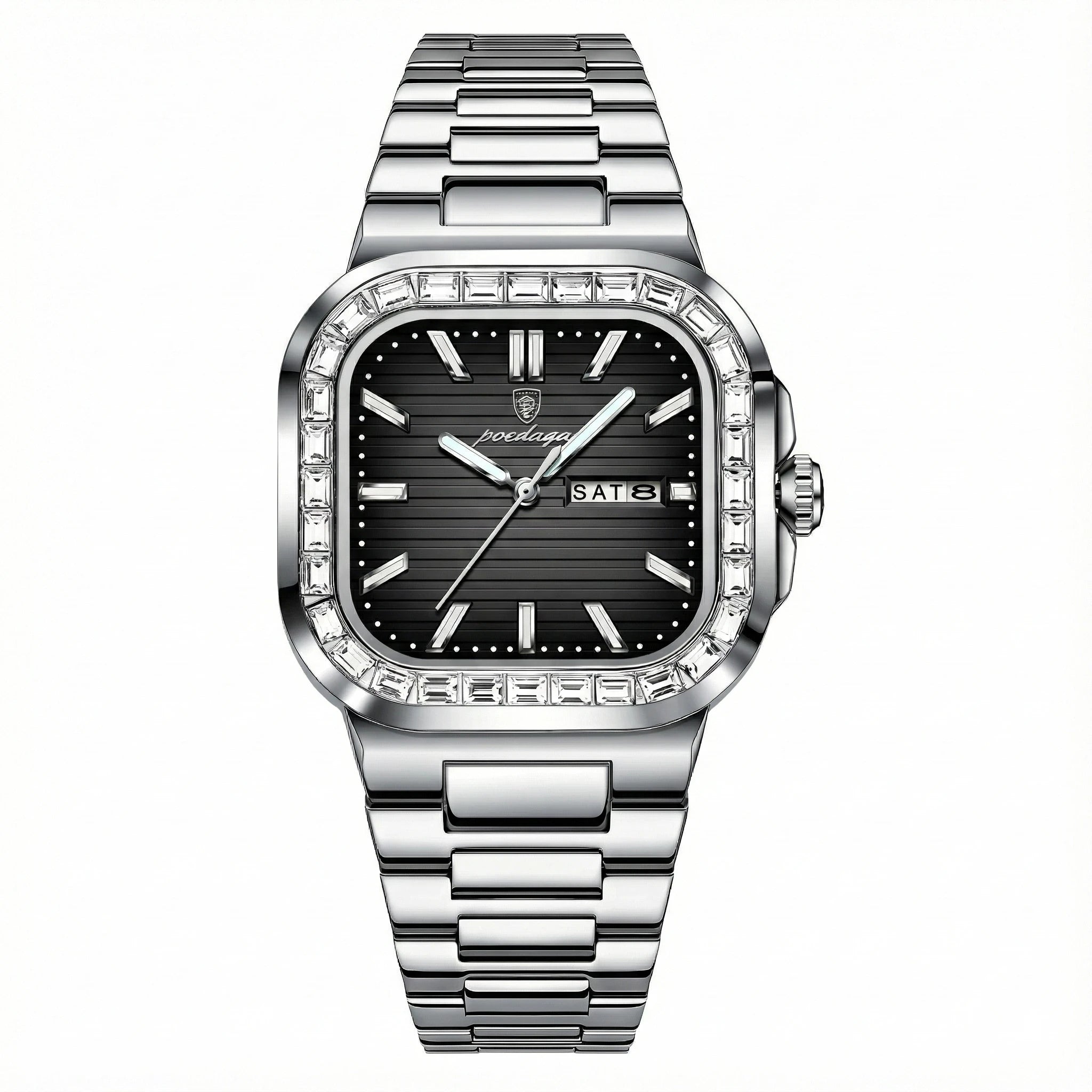 Men's Square Stainless Steel Watch – Waterproof with Day & Date Display